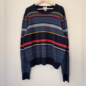 Brooks Brothers 100% wool Navy Crewneck Sweater with Red, Yellow & Gray Stripes